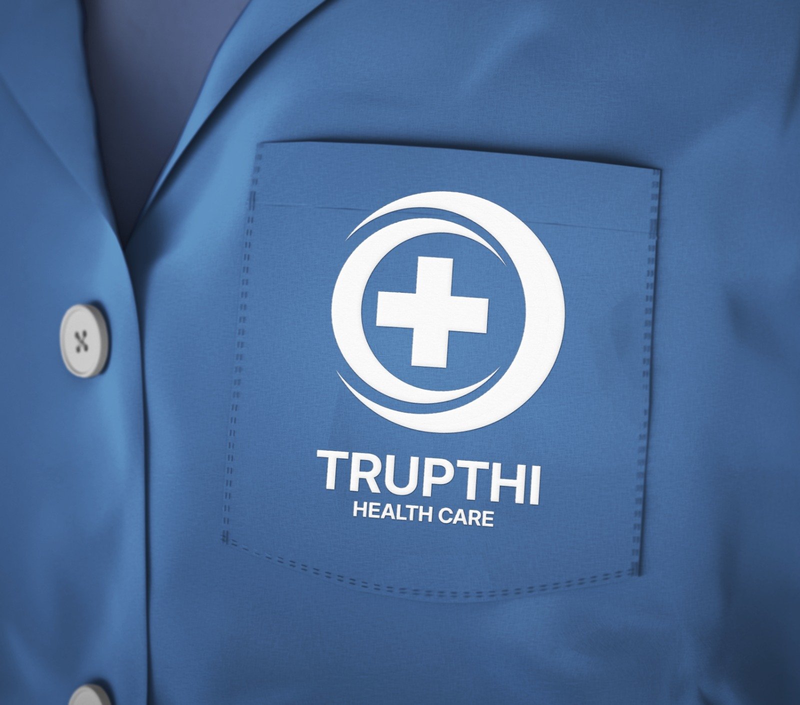 White logo embroidered on a blue staff coat pocket